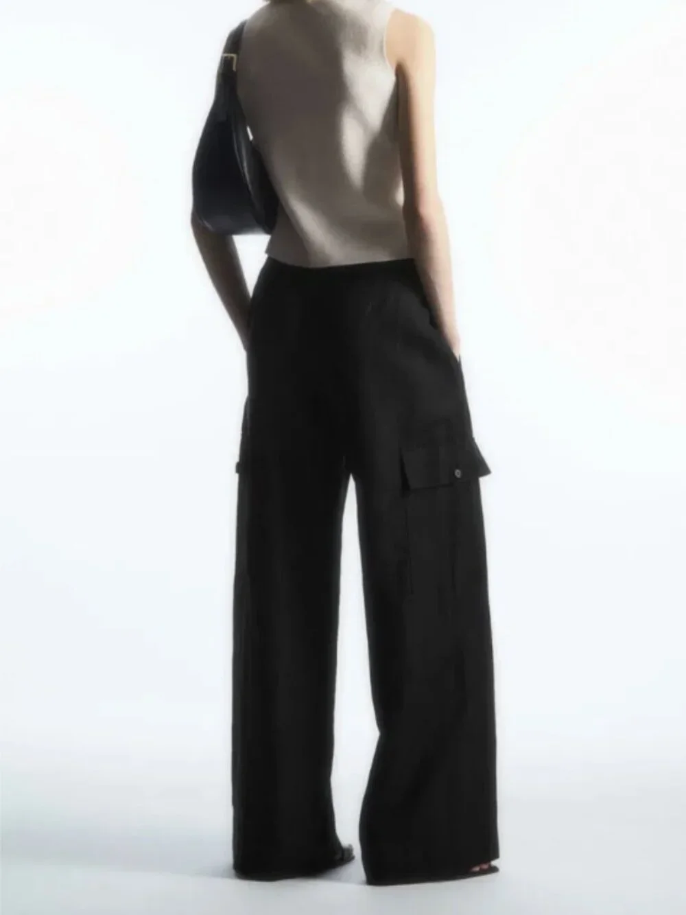 COS black cargo trousers wide leg linen blend pants 4